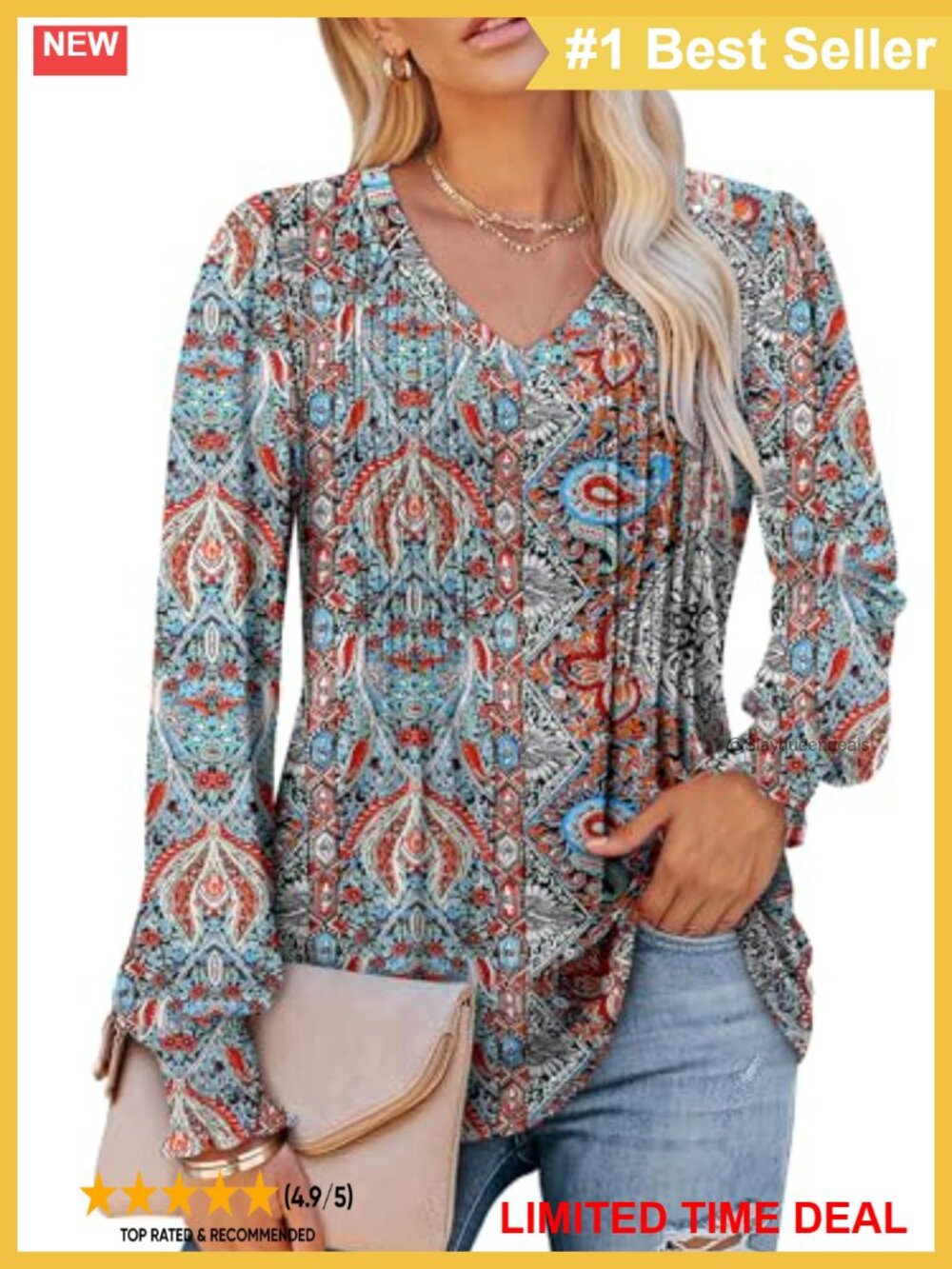 Womens Long Sleeve V-Neck Floral Tunic Blouse Ruffle Loose Fit Pull On Top
